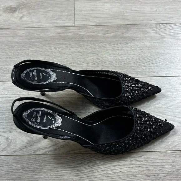 Rene Caovilla Black Sequin Pointed Toe Low Heels - Picture 3 of 13